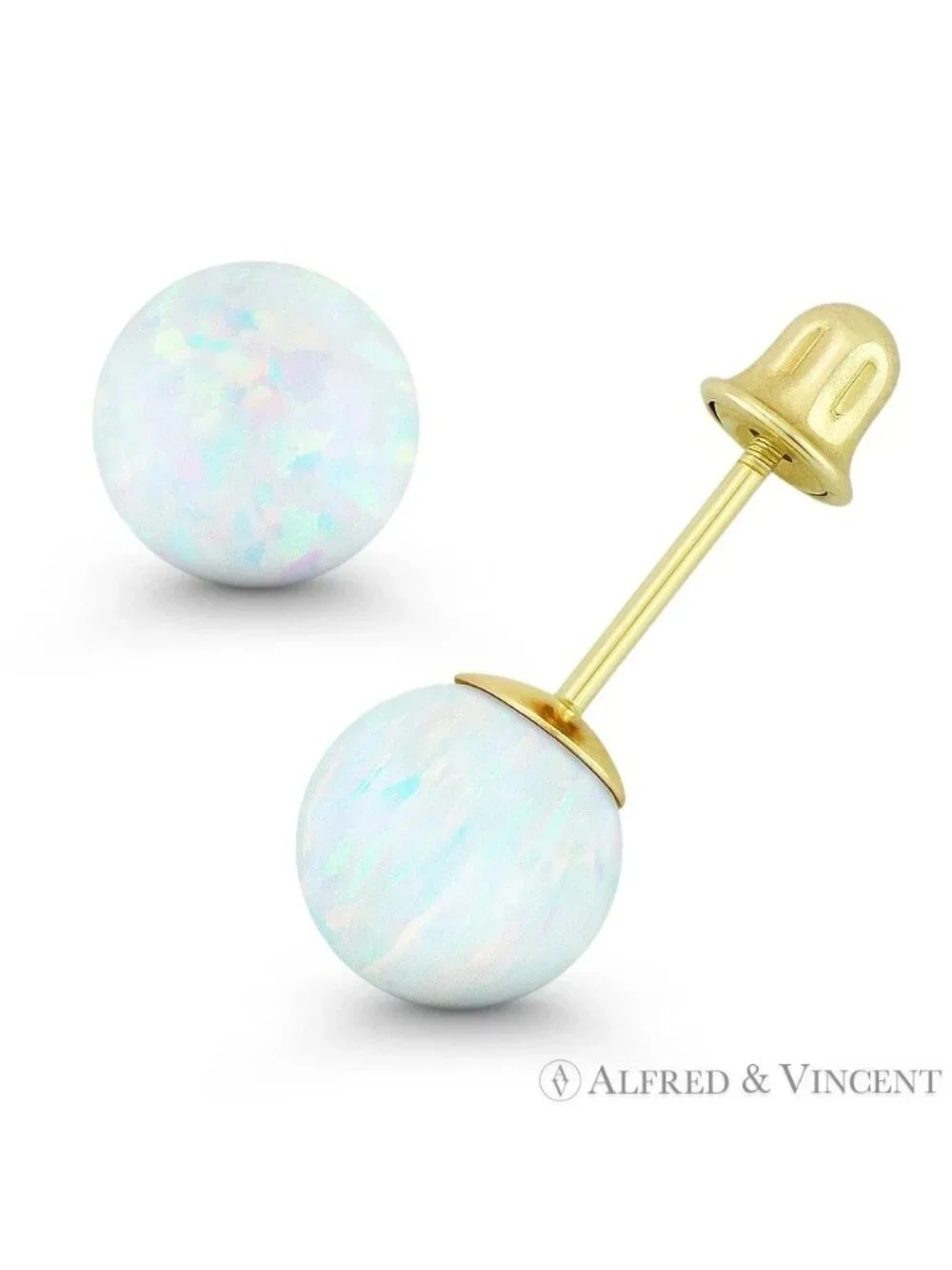 Fiery White Synthetic Opal Bell-Type Screwback Stud Earrings in 14k Yellow Gold